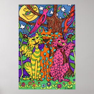 Cute Colourful Cats Singing Moon Cartoon Drawing Poster