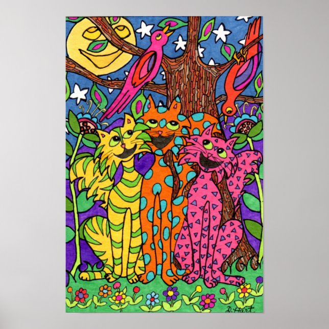 Cute Colourful Cats Singing Moon Cartoon Drawing Poster (Front)