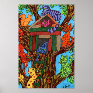Cute Colourful Cats Tree House Whimsical Cartoon Poster