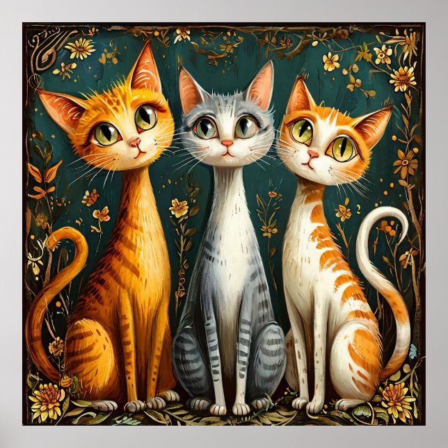🐱 Cute Colourful Cats Trio Wall Art Decor (Front)