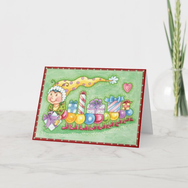Cute Colourful Centipede Retro Christmas Holiday Card (Front)