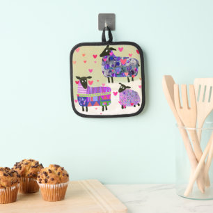Cute Colourful Cheerful sheep with Hearts Oven Mit Pot Holder