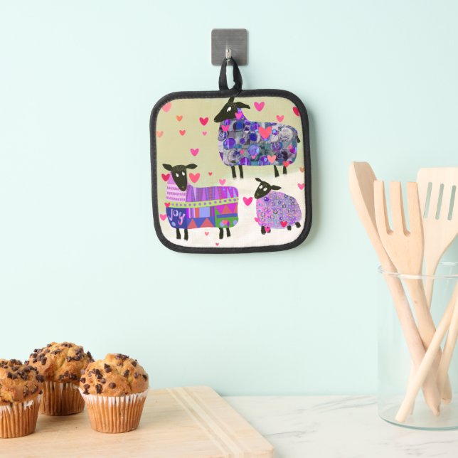 Cute Colourful Cheerful sheep with Hearts Oven Mit Pot Holder (Insitu(Hanging))