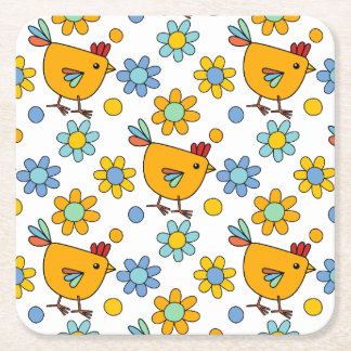 Cute colourful chicken and flower square paper coaster