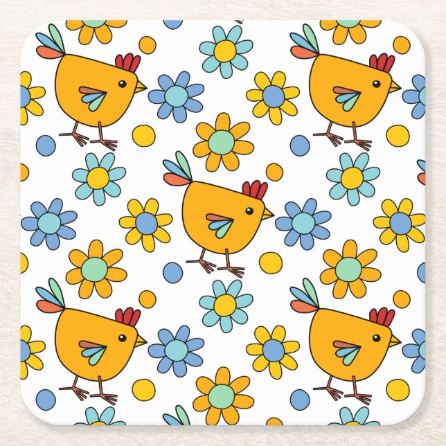 Cute colourful chicken and flower square paper coaster (Front)