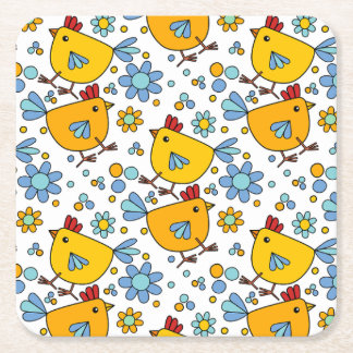 Cute colourful chicken and flower square paper coaster