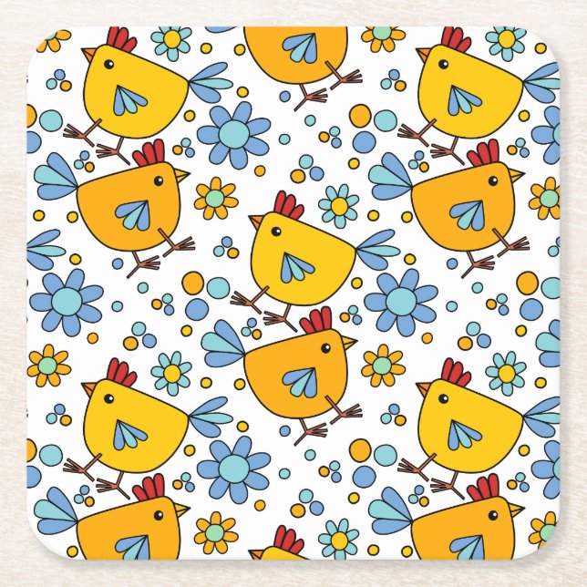 Cute colourful chicken and flower square paper coaster (Front)