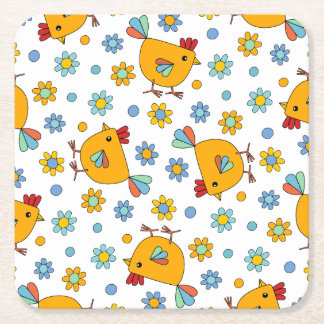 Cute colourful chicken and flower square paper coaster