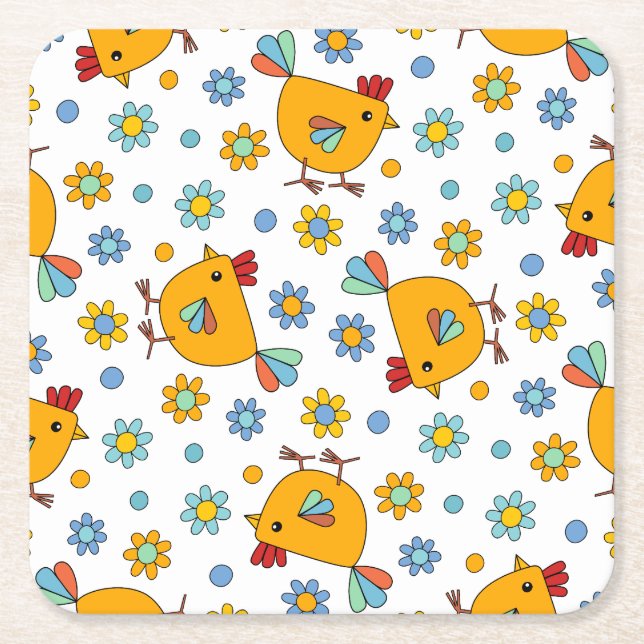Cute colourful chicken and flower square paper coaster (Front)