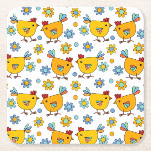 Cute colourful chicken and flower square paper coaster