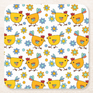 Cute colourful chicken and flower square paper coaster