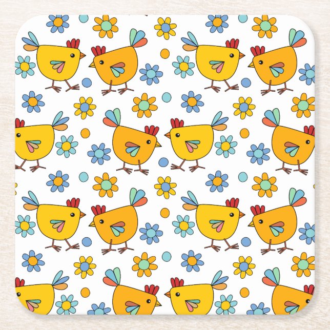 Cute colourful chicken and flower square paper coaster (Front)