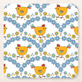 Cute colourful chicken and flower square paper coaster