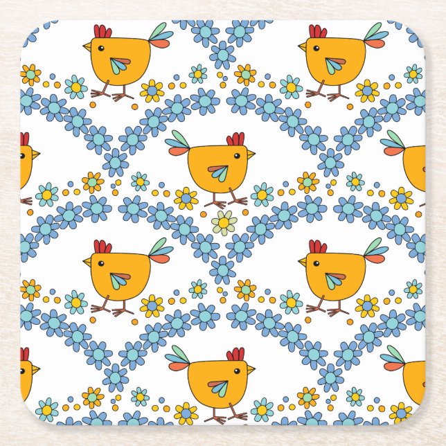 Cute colourful chicken and flower square paper coaster (Front)