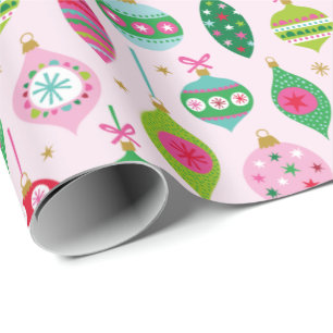 Cute Colourful Christmas Baubles on light pink Wrapping Paper