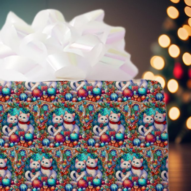 Cute Colourful Christmas Cats Stained Glass Patter Wrapping Paper (Creator Uploaded)