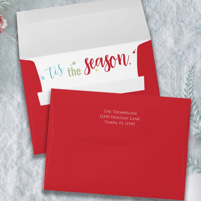 Cute Colourful Christmas Custom Return Address Envelope ("tis the Season" Red envelope with return address label. )