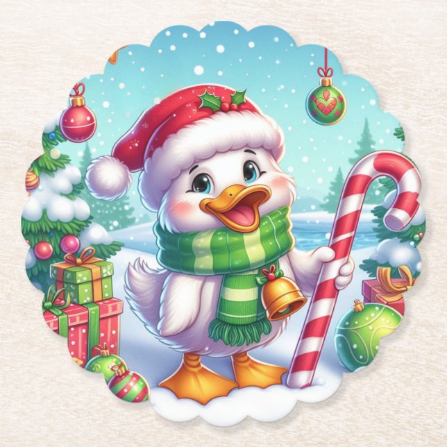 Cute Colourful Christmas duck Paper Coaster (Front)