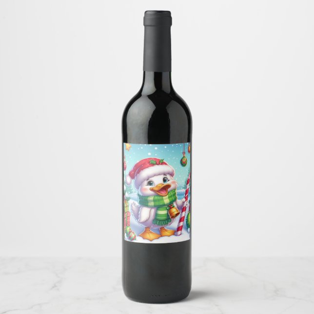 Cute Colourful Christmas duck Wine Label (Front)