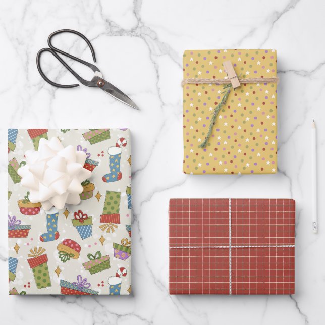 Cute, Colourful Christmas Gifts Design Wrapping Paper Sheet (Front)