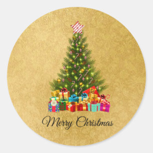 Cute, Colourful Christmas Gifts, Pine Tree, Gold Classic Round Sticker