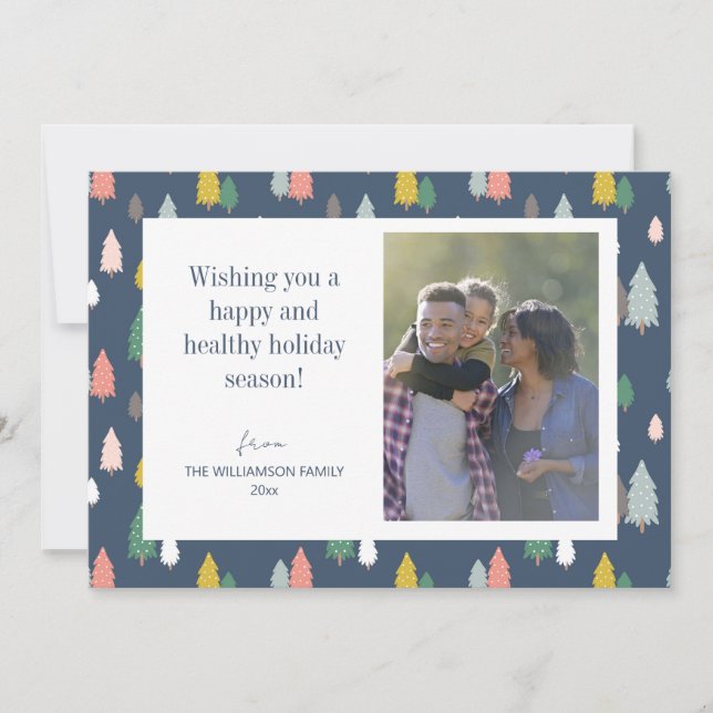 Cute Colourful Christmas Trees Blue Custom Photo Holiday Card (Front)