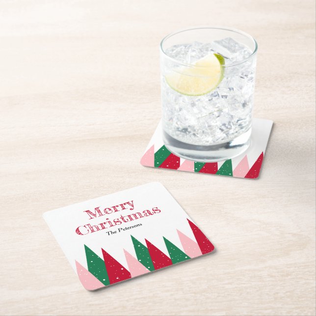 Cute Colourful Christmas Trees Modern  Square Paper Coaster (Insitu)