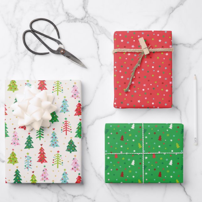 Cute Colourful Christmas Trees Wrapping Paper Sheet (Front)