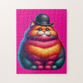 Cute Colourful Chubby Cat with Bowler Hat Jigsaw Puzzle