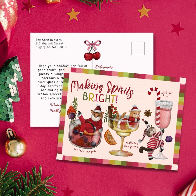 Cute Colourful Cocktail Cats Making Spirits Bright Holiday Postcard (Creator Uploaded)