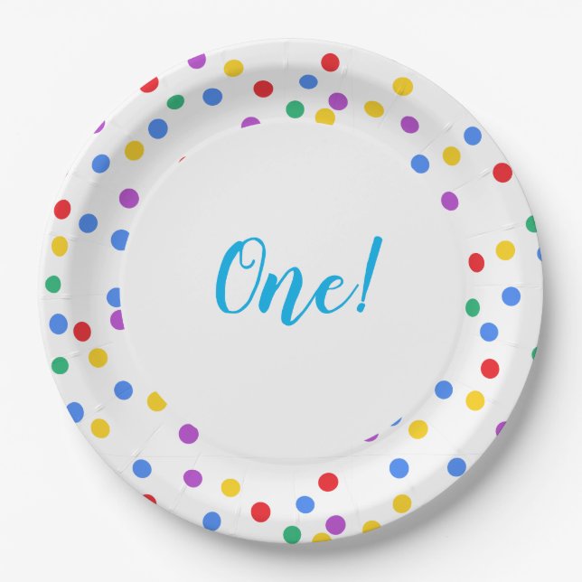 Cute Colourful Confetti Dots 1st Birthday Paper Plate (Front)