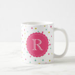 Cute Colourful Confetti Dots Pattern Monogram Mug<br><div class="desc">Colourful and modern monogram mug featuring hot pink,  blue and dark yellow polka dots pattern with hot pink scallop-edge tag. This personalised girly mug will be perfect as a gift.</div>