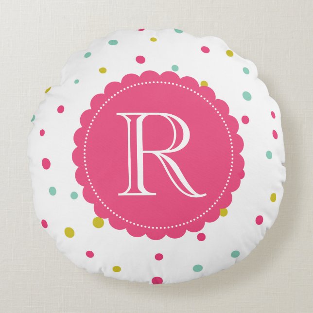 Cute Colourful Confetti Dots Pattern Monogram Roun Round Cushion (Front)