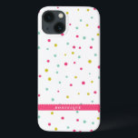 Cute Colourful Confetti Dots Pattern Personalised iPhone 13 Case<br><div class="desc">Colourful and modern iPad mini case featuring hot pink,  blue and dark yellow polka dots pattern with hot pink scallop-edge tag. This personalised case will be perfect as a birthday and holiday gift.</div>