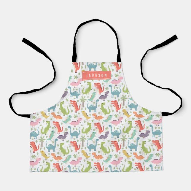 Cute & Colourful Coral Dinosaur Pattern Kids Apron (Front)