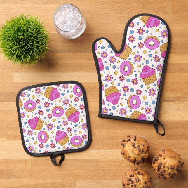 Cute colourful cupcake, flower and bagel  oven mitt & pot holder set (Top Down)