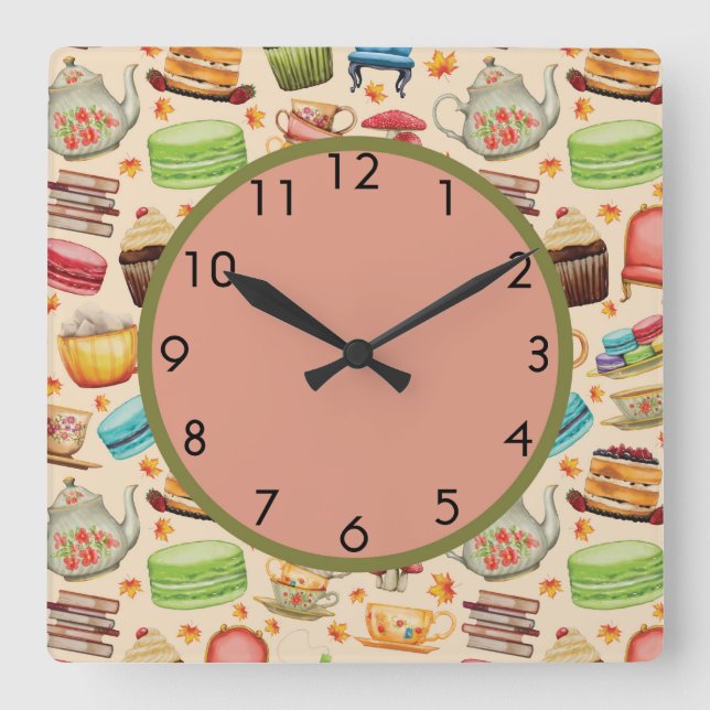 Cute Colourful Cupcakes and Teapots Wall Clock (Front)