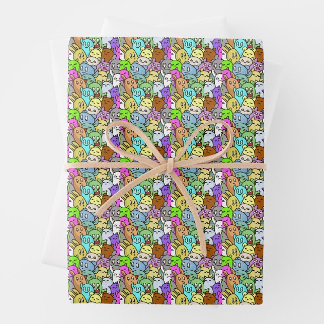 Cute Colourful Cute Doodle Monsters Pattern. Wrapping Paper Sheet (In situ)
