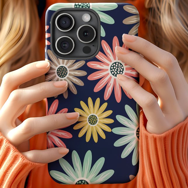 Cute Colourful Daisy Floral Pattern on Navy Case-Mate iPhone Case (Creator Uploaded)