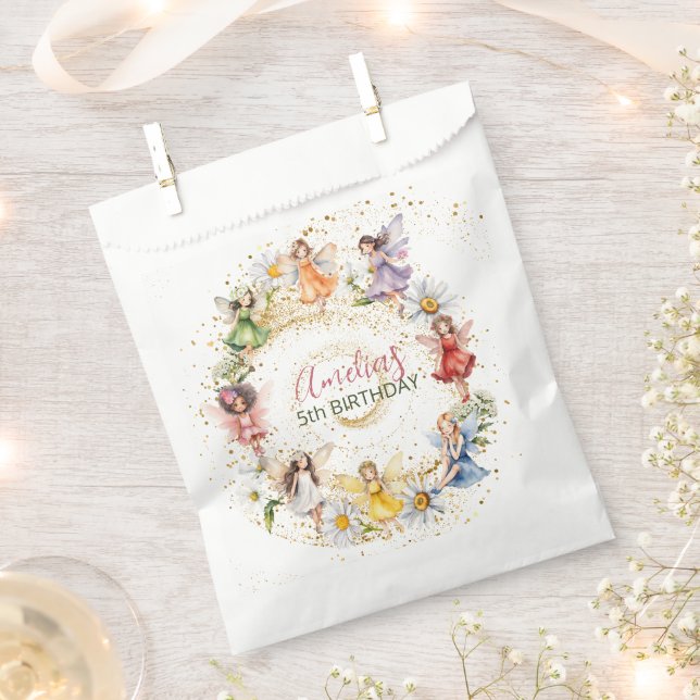 Cute Colourful Dancing Floral Fairies Gold Glitter Favour Bags (Clipped)