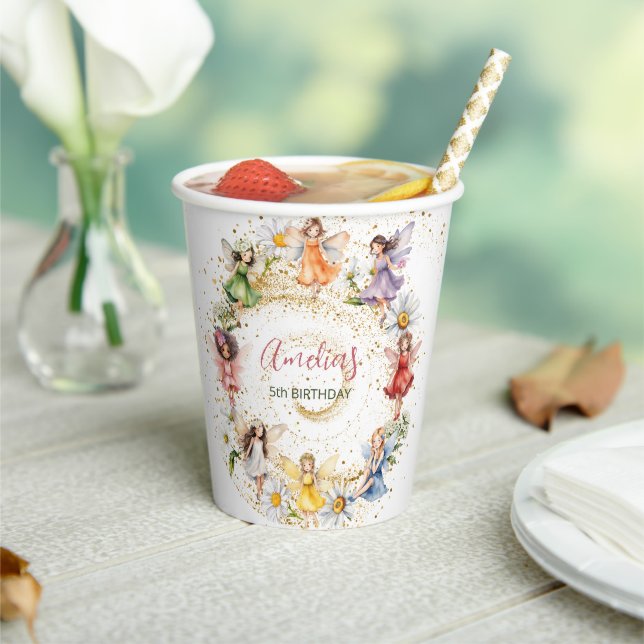 Cute Colourful Dancing Floral Fairies Gold Glitter Paper Cups (Insitu)