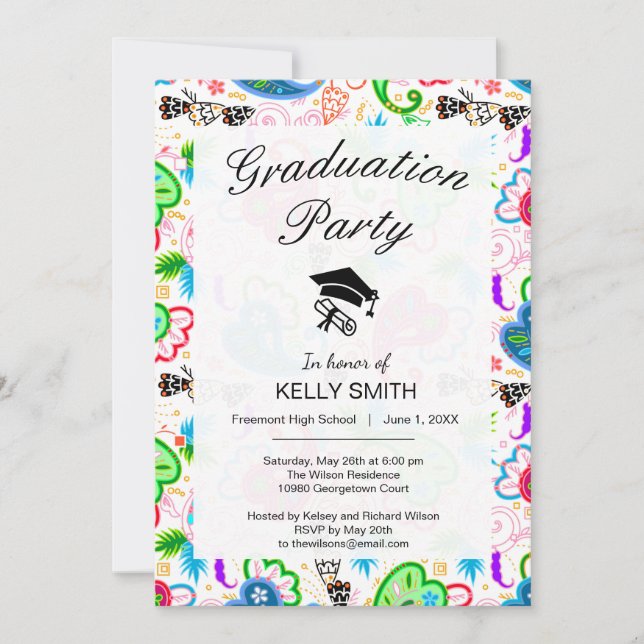 Cute colourful decorative flowers graduation party invitation (Front)