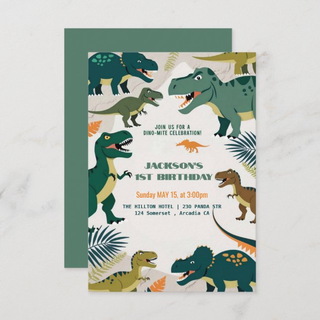 Cute Colourful Dino Party |  Dinosaurs 1st Birthda Invitation (Front/Back)