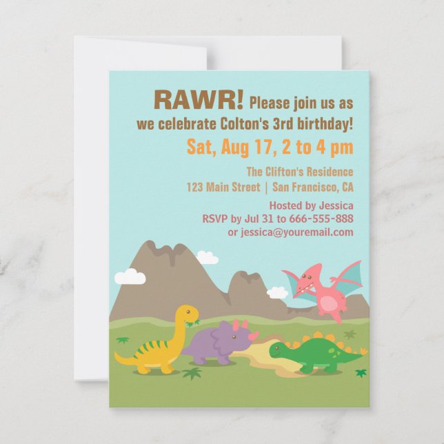Cute Colourful Dinosaur Birthday Party Invitation (Front)