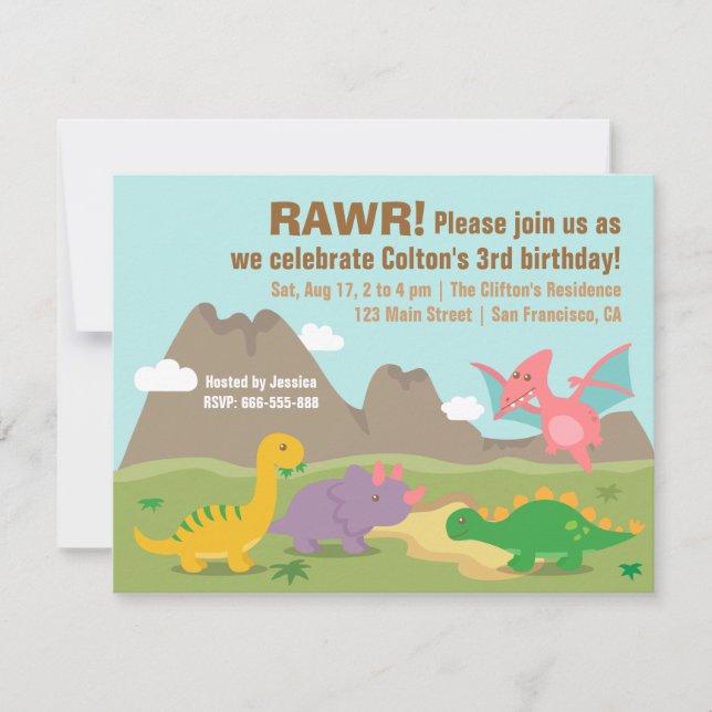 Cute Colourful Dinosaur Birthday Party Invitation (Front)