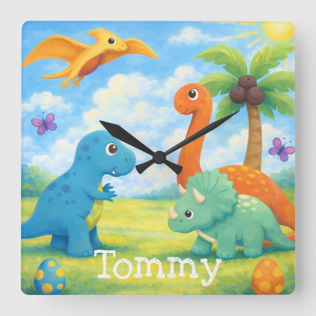 Cute Colourful Dinosaur Friends Kids  Square Wall Clock (Front)