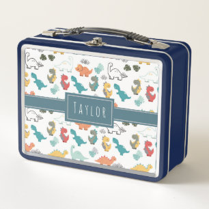 Cute Colourful Dinosaur Pattern Kids Name Metal Lunch Box