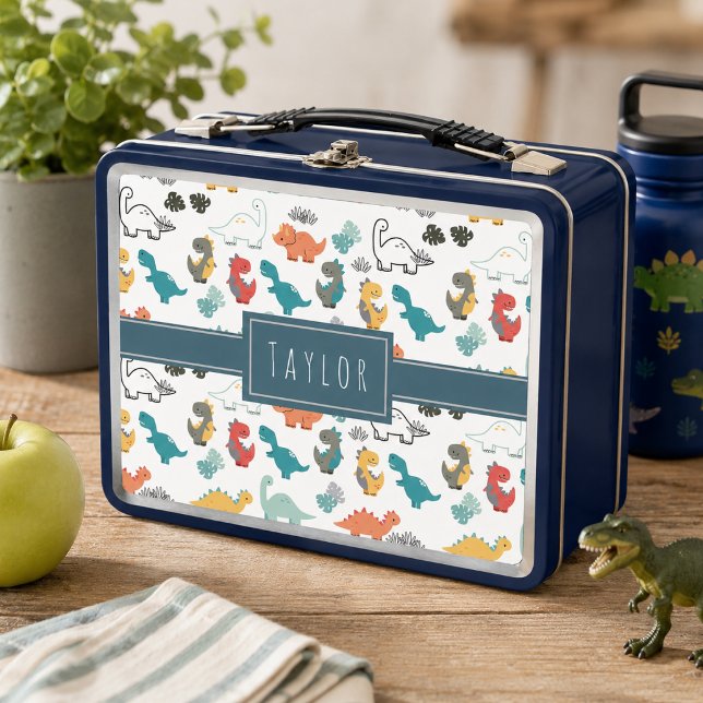Cute Colourful Dinosaur Pattern Kids Name Metal Lunch Box (Cute Colorful Dinosaur Pattern Kids Name Metal Lunch Box)