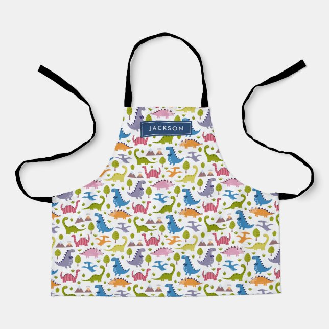 Cute & Colourful Dinosaur Pattern Kids Personalise Apron (Front)