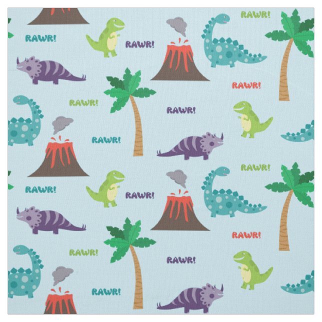 Cute Colourful Dinosaurs and Volcanos Fabric (Swatch)